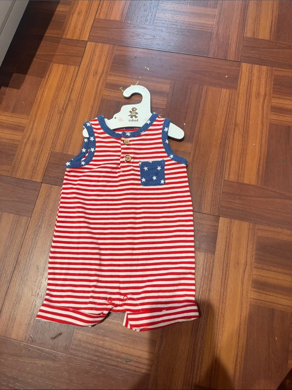 Red & White Striped Baby Romper with Blue Star Pocket